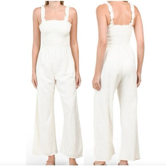 Jessica Simpson Pants - Jessica Simpson Linen Jumpsuit Small Ivory Cottage Wide Leg Smocked Boho Peasant
